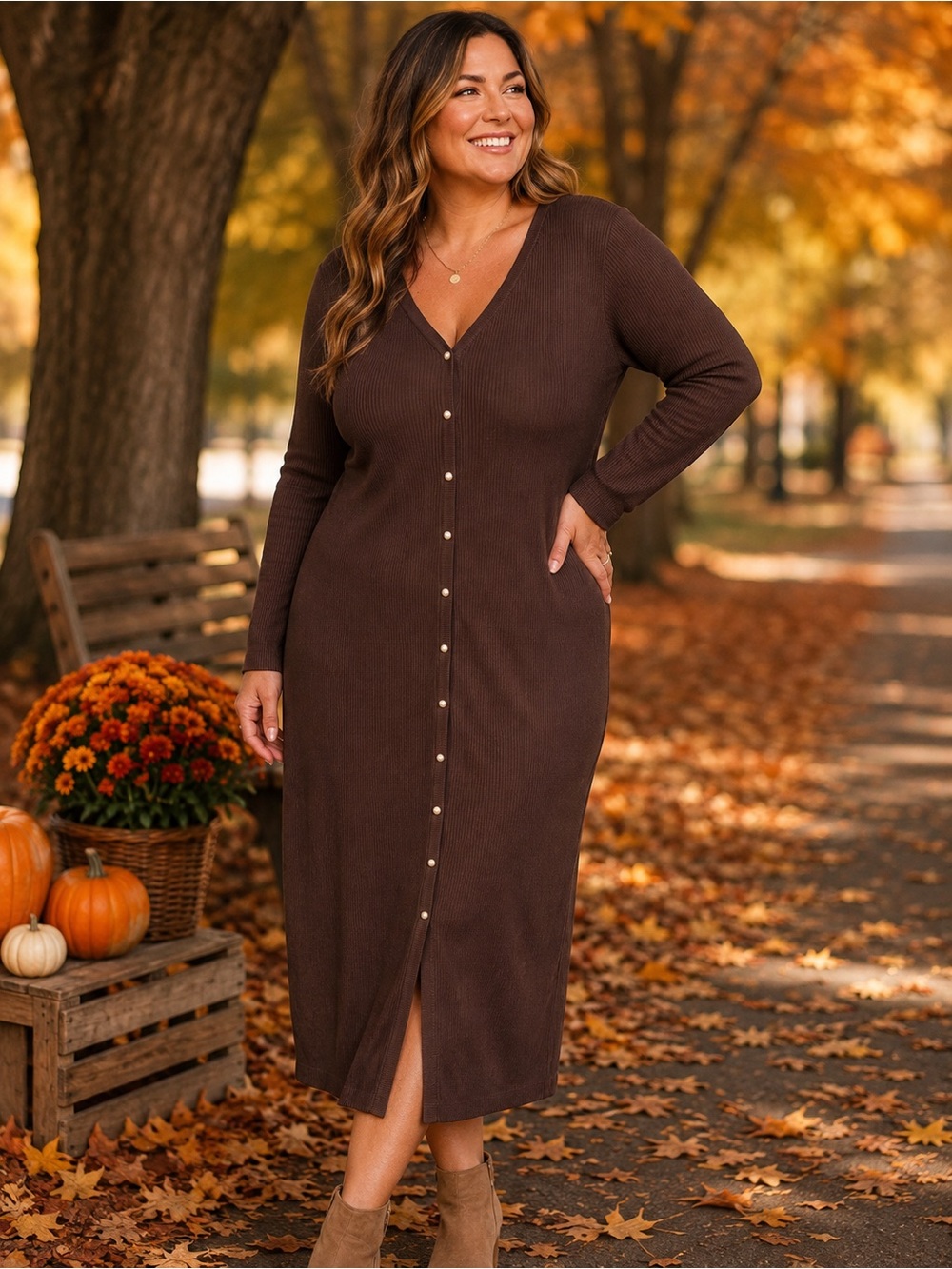 J for Justify Chocolate Brown Button-Front V-Neck Long Sleeve Midi Dress